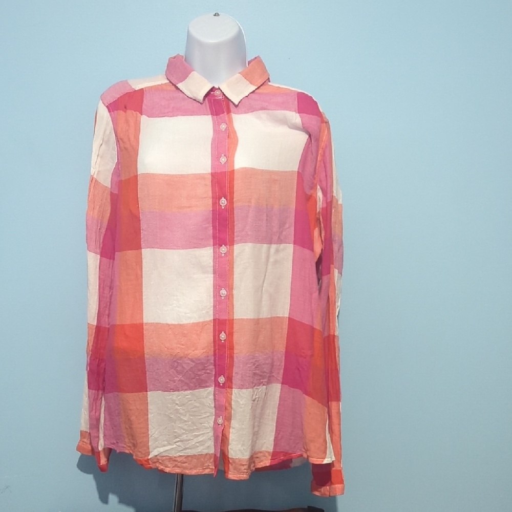 Pink and Orange Plaid Button-Up Shirt